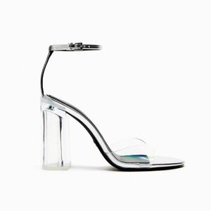 NWT. Zara Silver Vinyl Block Heel Sandals. Size 8.